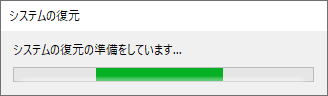 しばらくすると「システムの復元の準備をしています…」というメッセージが表示され、システムの復元が開始されるので、そのまましばらく待ちます