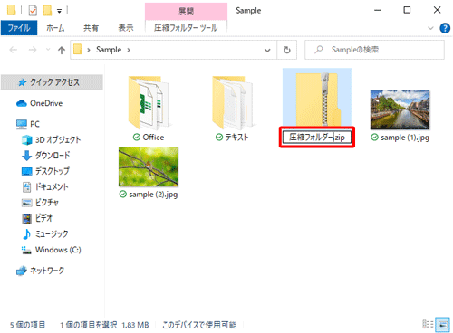 圧縮（zip形式）フォルダーが作成されたら、任意のフォルダー名を入力して、「Enter」キーを押します