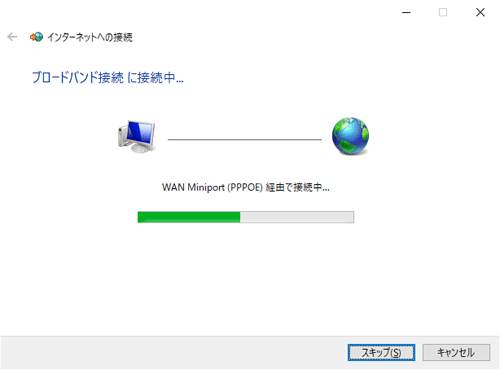 「ブロードバンド接続に接続中…」という画面が表示されるので、しばらく待ちます
