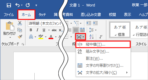 リボンから「ホーム」タブをクリックし、「拡張書式」をクリックして、表示された一覧から「縦中横」をクリックします