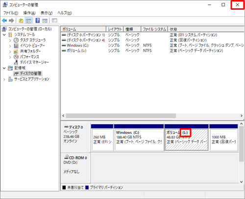 「コンピューターの管理」画面に戻るので、ハードディスクのドライブ文字が「E」から「L」に変更されたことを確認し、画面右上にある「×」をクリックして開いている画面を閉じます