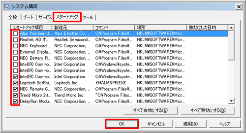 「スタートアップ」タブをクリックし、「スタートアップ項目」欄から停止するソフトのチェックを外して、「OK」をクリックします