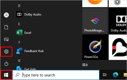 「スタート」をクリックし、「Settings」にマウスカーソルを合わせます