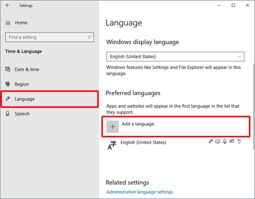 画面左側から「Language」をクリックし、「Preferred languages」欄の「Add a language」をクリックします