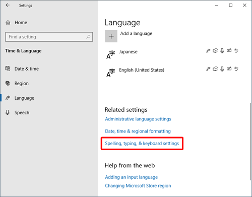 「Related settings」欄の「Spelling, typing, & keyboard settings」をクリックします