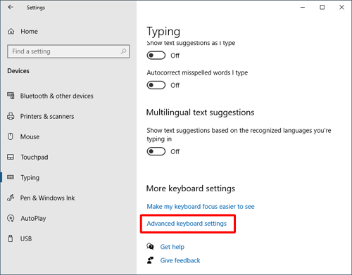 「More keyboard settings」欄から「Advanced keyboard settings」をクリックします