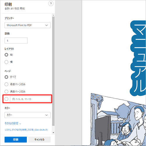 「ページ」欄の下部にあるボックスをクリックします