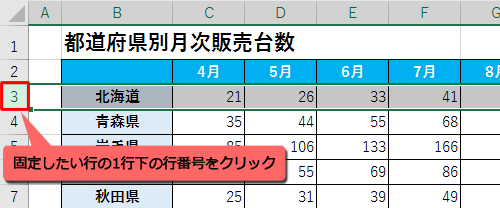 固定表示したい行の、1行下の行番号をクリックします