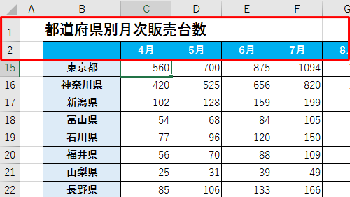 シートを下方向にスクロールして、行が固定されていることを確認してください