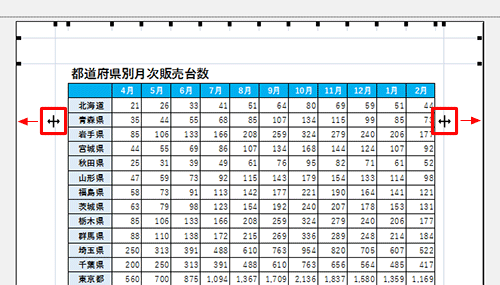 移動したい余白境界線にマウスポインターを合わせ、マウスポインターの形が変わったことを確認して、境界線をドラッグして微調整します