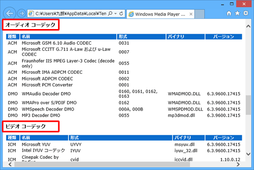 「オーディオコーデック」欄および「ビデオコーデック」欄でインストールされているコーデックを確認します