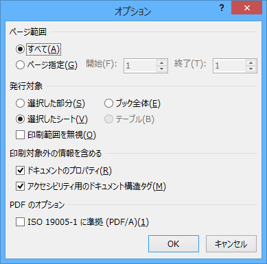 「オプション」をクリックすると、PDFファイル形式で保存するページの範囲や発行対象などの設定を行うことができます