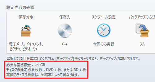 手順7のバックアップの保存先で「光学ディスク」をクリックした場合は、バックアップするために必要なディスクの推定枚数が表示されます