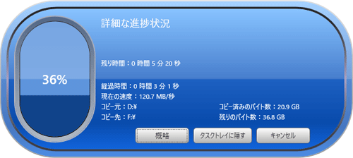 「さらに詳しく」をクリックすると、バックアップの進捗状況などを確認することができます
