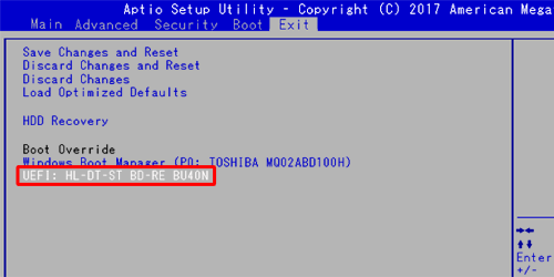 矢印キー「↓」で「Boot Override」欄に表示された再セットアップメディアを選択し、「Enter」キーを押します