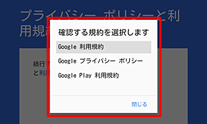 利用規約やプライバシーポリシーを確認したい場合は、クリックしてそれぞれの内容を表示します