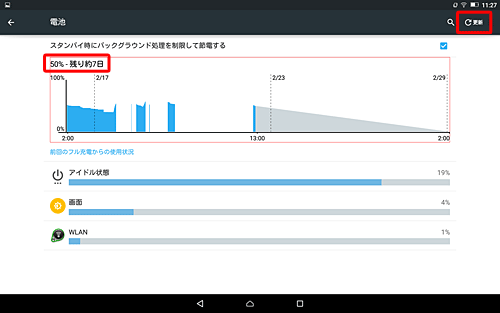 「更新」をタップすると、最新のバッテリ状況が確認できます