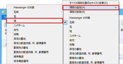表示された一覧から「項目の追加」にマウスポインターを合わせ、「姓」をクリックします