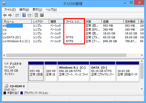 ドライブの一覧の「ファイルシステム」欄から、目的のドライブのファイルシステムを確認します