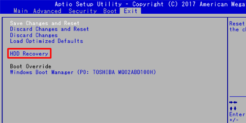 「HDD Recovery（HDDリカバリー）」を選択し、「Enter」キーを押します