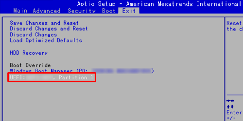 「Boot Override」欄から作成した回復ドライブを選択し、「Enter」キーを押します