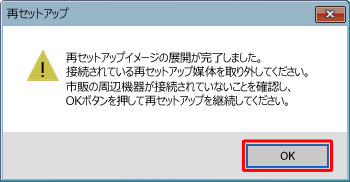 「再セットアップイメージの展開が完了しました。…」というメッセージが表示されたら、再セットアップメディアを取り出して「OK」をクリックします