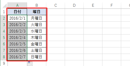 セルの日付を変更すると、曜日も自動的に変更されます
