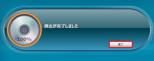 「消去が完了しました」と表示されたら、ディスクを取り出し、「完了」をクリックします