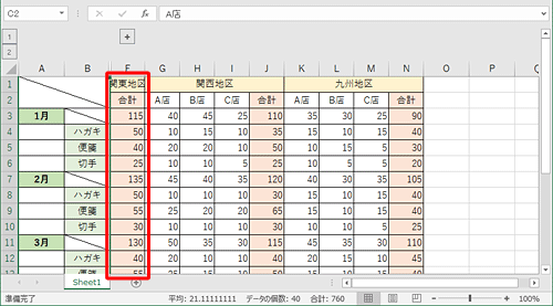 C～E列が非表示になったことを確認します
