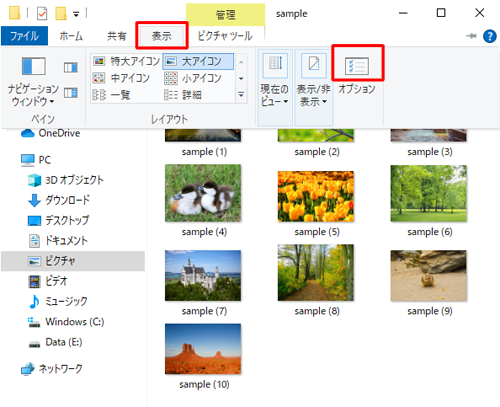 リボンから「表示」タブをクリックし、「オプション」のアイコン部分をクリックします