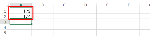 セルA1とA2に、半角文字で分数を入力します