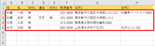 2行目以降に、住所録のデータを入力します
