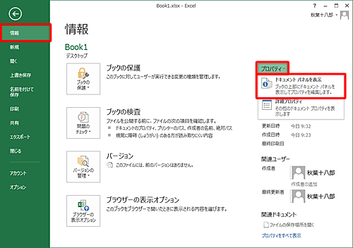 「情報」をクリックし、画面右側の「プロパティ」をクリックし「ドキュメントパネルを表示」をクリックします