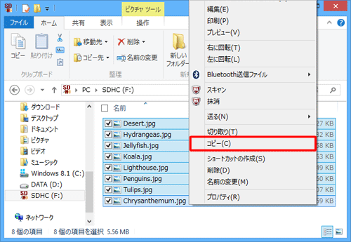 選択したファイルを右クリックし、表示された一覧から「コピー」をクリックします
