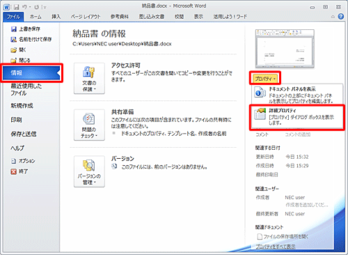 「情報」をクリックし、「プロパティ」をクリックし、「詳細プロパティ」をクリックします