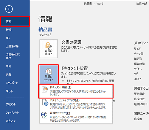 「情報」をクリックし、画面右側から「問題のチェック」をクリックして、表示された一覧から「ドキュメント検査」をクリックします