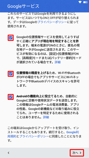 すべての項目の内容をそれぞれ確認し、不要な場合はタップしてチェックを外して、「次へ」をタップします