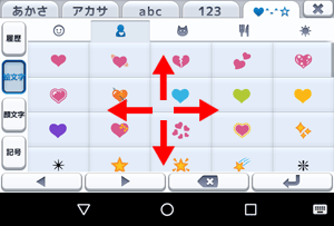 「絵文字/顔文字/記号」入力は、上下左右にスクロールするとさまざまな文字が表示されます