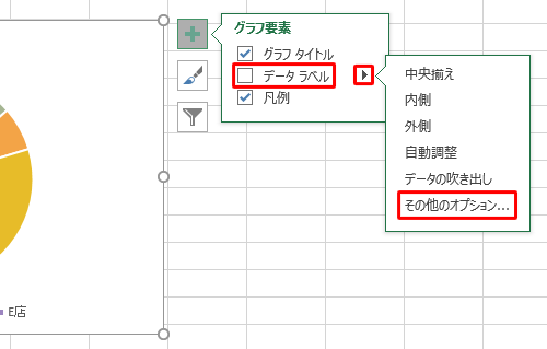 表示された一覧から「データラベル」にマウスポインターを合わせ、表示された「右矢印」をクリックし、「その他のオプション」をクリックします