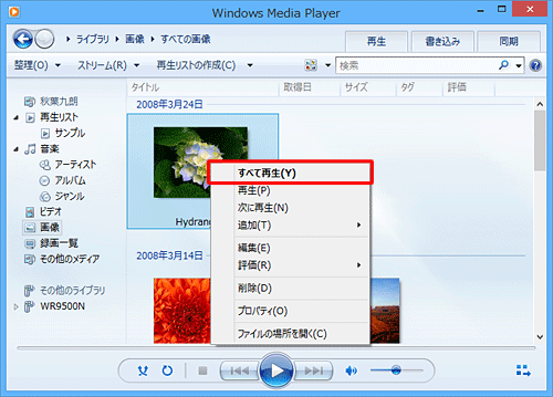 画像を右クリックし、｢すべて再生｣をクリックすることでも同様の操作が可能です