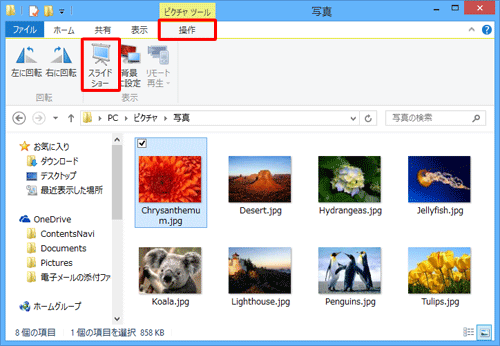 リボンから「操作」タブをクリックし、「表示」グループの「スライドショー」をクリックします