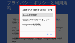 利用規約やプライバシーポリシーを確認したい場合は、クリックしてそれぞれの内容を表示します