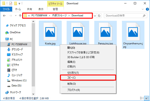 フォルダーまたはデータの上で右クリックして、表示された一覧から「コピー」をクリックします
