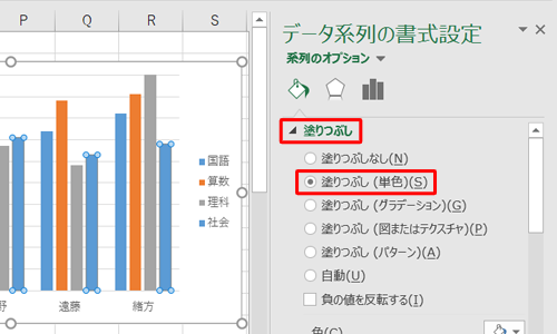 「塗りつぶし」をクリックし、「塗りつぶし（単色）」をクリックします
