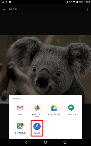 「Share via」が表示されたら、「Bluetooth」をタップします