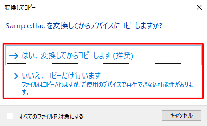 ファイルの種類を変換する場合は「はい、変換してからコピーします」、変換しない場合は「いいえ、コピーだけ行います」をクリックします