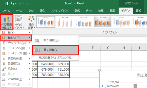 「グラフの要素を追加」をクリックし、「軸ラベル」にマウスポインターを合わせ、「第一縦軸」をクリックします