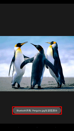 送信が開始されると、「ファイルを送信中」というメッセージが表示された後、「Bluetooth共有：（画像名）を送信済み」と表示されます