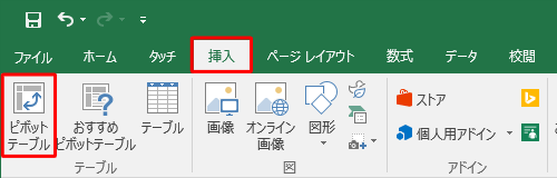 リボンから「挿入」タブをクリックし、「テーブル」グループの「ピボットテーブル」をクリックします