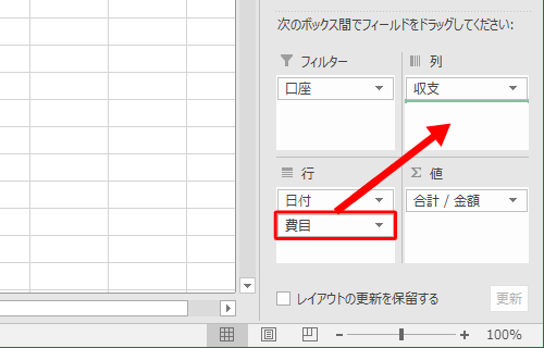 「行」「列」ボックスに設定したフィールドをドラッグ&ドロップで入れ替えることで、データの分析方法を変更できます